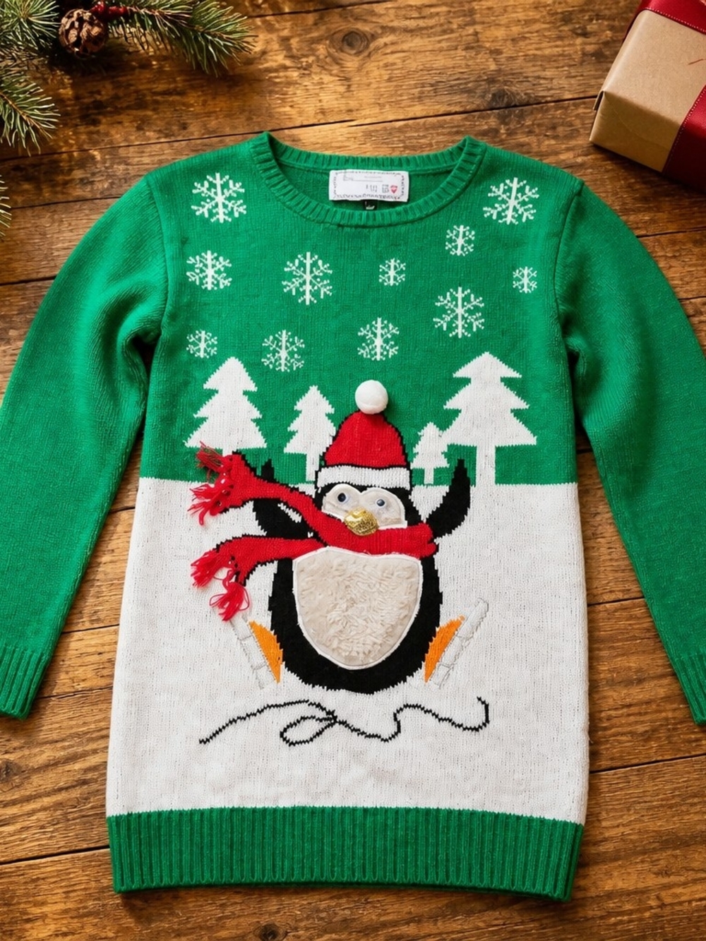 Derek Heart Green and White Girls Penguin Holiday Sweater Dress Sz 14
